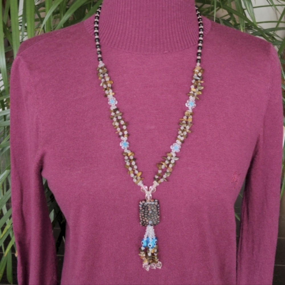 Vintage Italian Millefiori Murano glass necklace w natural quartz and tiger eye